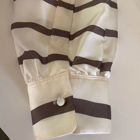 THEORY Popover Ivory/Olive Green Painted Stripe Silk Tunic Blouse Size Small - Picture 10 of 11